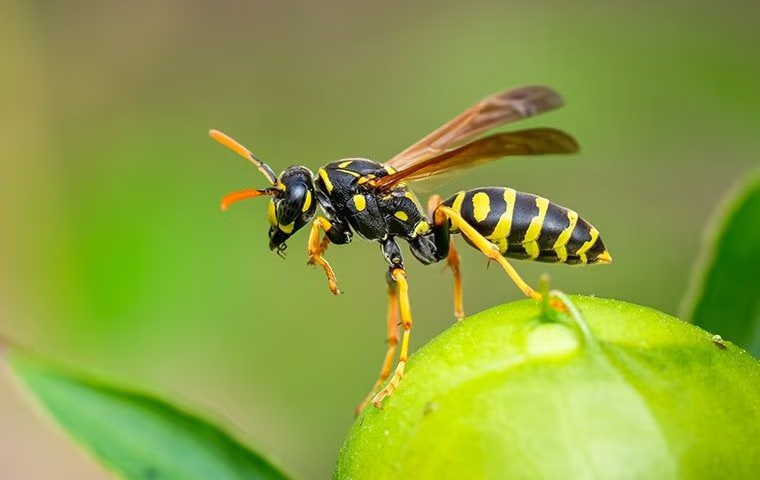 wasp sitting on a green apple